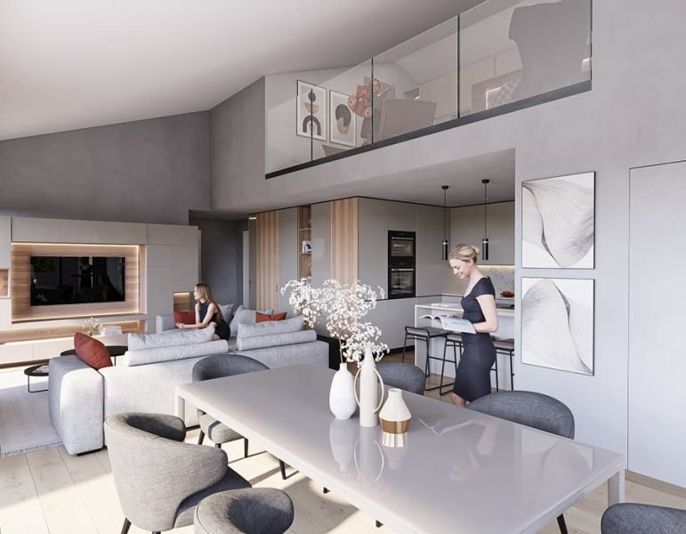 Interno moderno e luminoso: soggiorno open space con divani, tavolo da pranzo, camino a parete e cucina a vista; persone al lavoro e decorazioni eleganti.