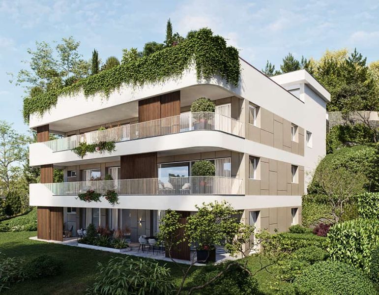 Appartamenti moderni a tre piani su terrazze curve, balconi in vetro, facciata bianca, giardino pensile e verde lussureggiante circostante.