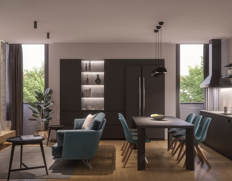 Interior moderno: cucina open space con tavolo da pranzo, sedie blu-verde, scaffali illuminati e divani, grandi finestre e piante, atmosfera accogliente.