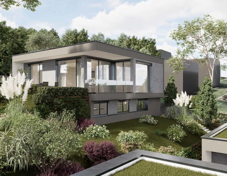 Casa moderna a due piani con grandi vetrate, giardino curato e alberi, in un contesto residenziale verde.