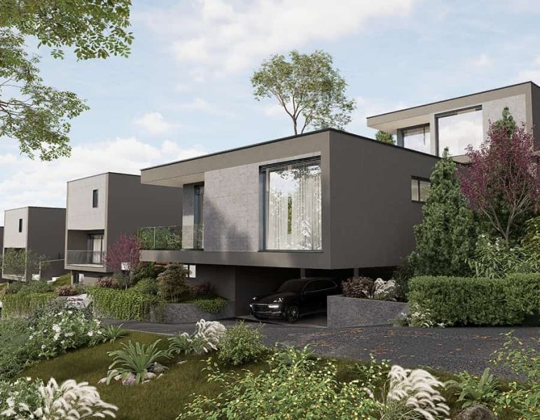 Casa moderna a due livelli con facciate scure e grandi vetrate, giardino curato e auto parcheggiata nel box sotterraneo.